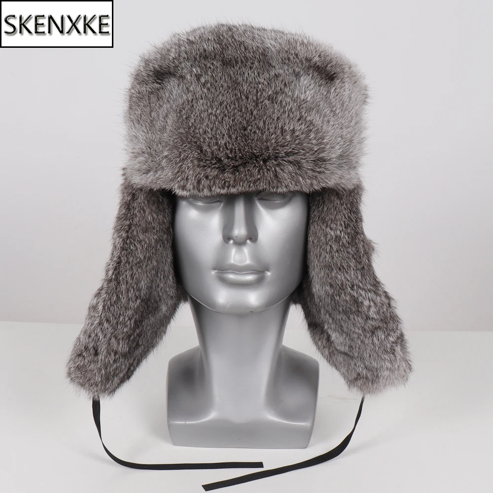 

2019 New Russian Trapper Hat For Men Genuine Fur Thicken Male Winter Real Rabbit Fur Hats Winter Outdoor Leather Bomber Hats Men