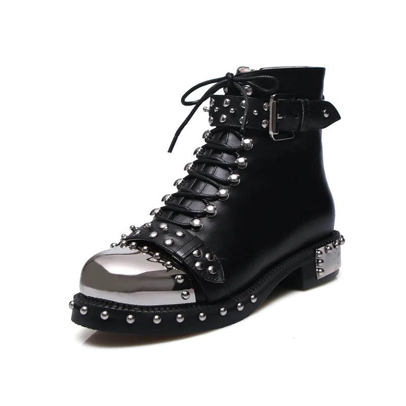 MORAZORA/ бренд с заклепками сапоги панк до лодыжек для женщин на осень-зиму Оригинальные кожаные женские ботинки Высококачественные мотоботы обувь - Цвет: Черный