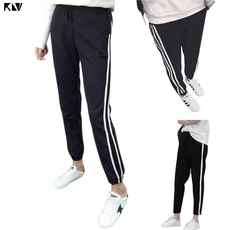 

KLV Women Plus Size Spring Mid Waist Harem Pants Vertical Stripes Printed Long Jogger Trousers Slim Drawstring Elastic Bottoms