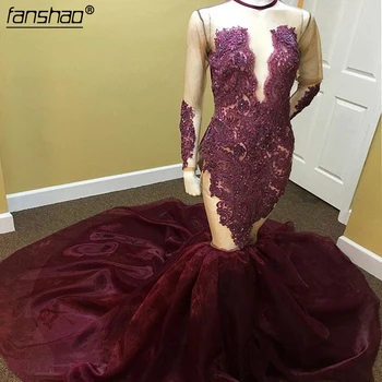 

Burgundy Prom Dresses Mermaid Long Sleeves Lace Bead See Through Party Maxys Long Prom Gown Evening Dresses Robe De Soiree