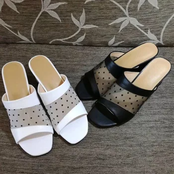 

Fast delivery 2019 summer and autumn women shoes genuine leather and mesh polka dot high heel womne slippers
