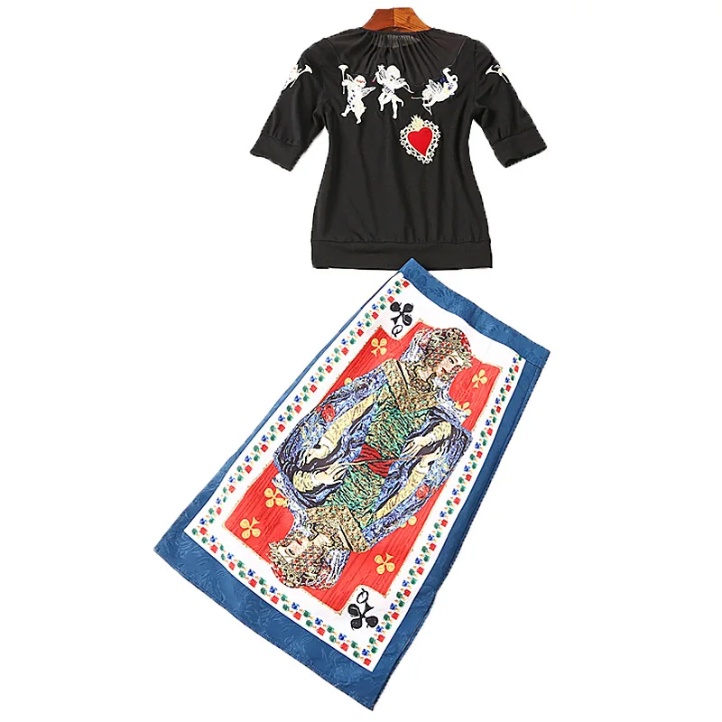 XF модный дизайн, высокое качество, весна, винтажная вышивка с ангелом, черный топ+ старинный покерный принт, полуюбка, комплект 2 - Цвет: Черный