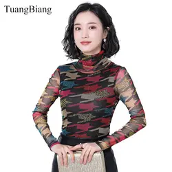 Осень 2018 Для женщин Марли пуловер рубашка элегантный принт Базовая блуза с геометрическим рисунком Водолазка с длинным рукавом эластичный