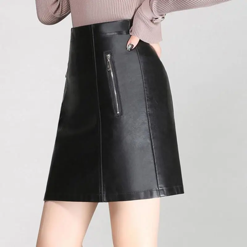 

Korean Lady Women A Line High Waisted 4xl Pu Leather Skirt , Fall Winter Fashion Female Woman 4xl 3xl Slim Fitted Pencil Skirts