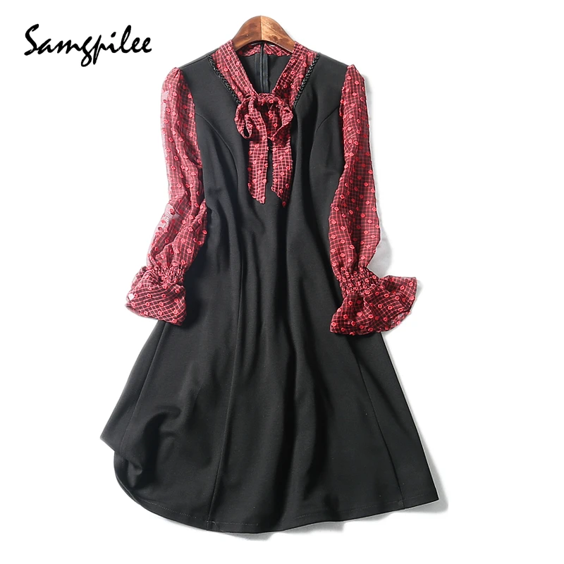 2019 Real Maxi Dress New Winter A-line Patchwork Full Sleeve Appliques Knee-length Natural Fashion Women L-3xl | Женская одежда