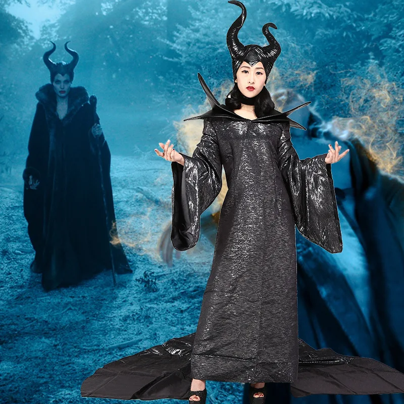 Высокое качество на заказ темная ведьма Maleficent Взрослые женщины Хэллоуин вечерние Косплей Костюм малифисенты платье или платье+ рога