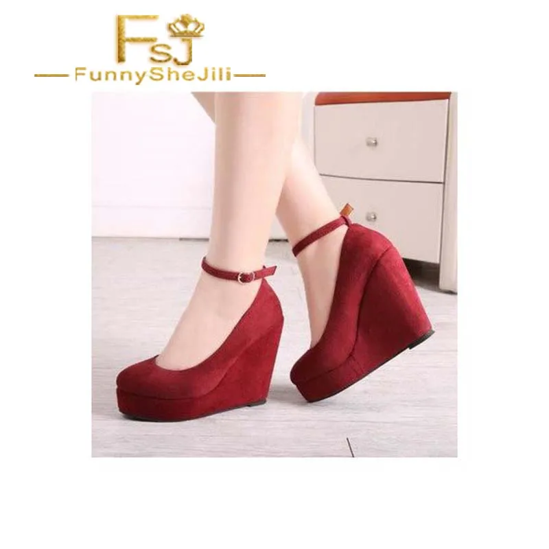 Cuñas de Punta cerrada para mujer, zapatos de gamuza con plataforma y  correa en el tobillo, a la moda de otoño, atractivos e Incomparable,  elegantes y sexys, color rojo oscuro|Zapatos de tacón