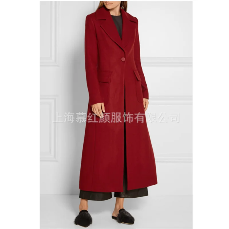 Зима Модное Элегантное Красное длинное пальто Slim Fit дизайнерская обувь из органической кожи; женские офисные Шерстяное пальто