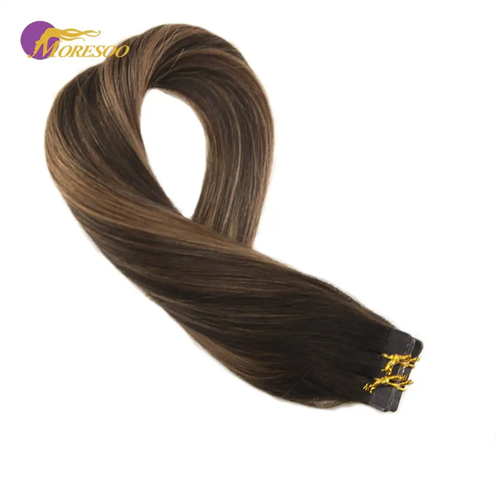 

Moresoo 14-24" Tape in Hair Extensions Machine Remy Human Hair PU Skin Weft Straight Hair #2/6/2 Brown 2.5g/pcs