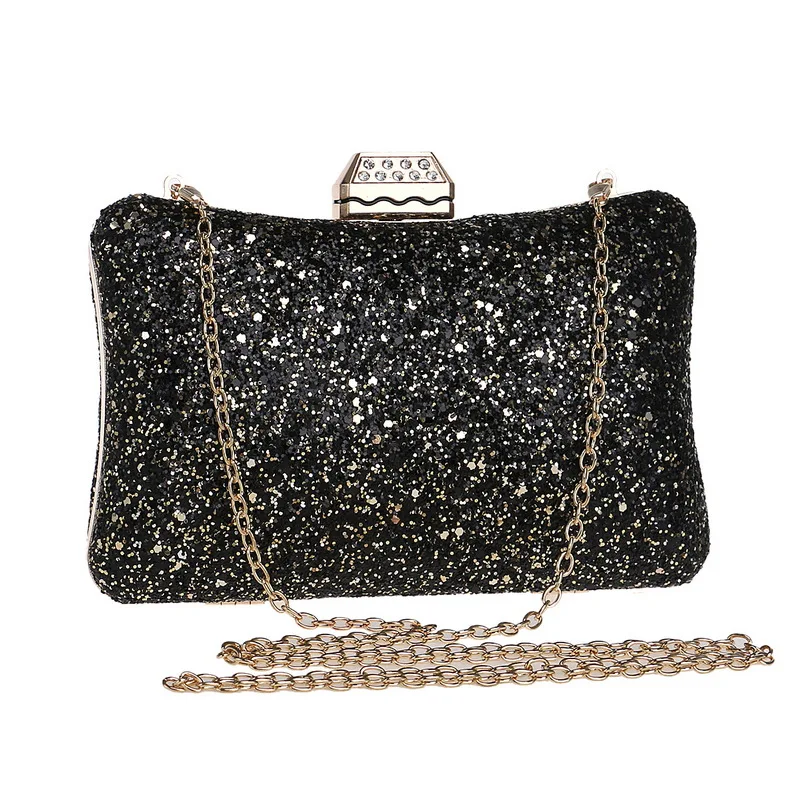 Luxy Moon Black And Gold Sequin Clutch with Chain Front View