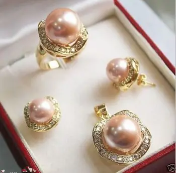 

ddh001115 Set 10mm &14mm pink South sea Shell Pearl Earrings Necklace Ring