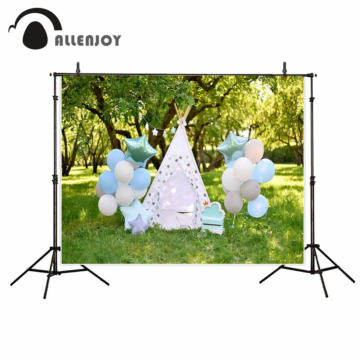 Allenjoy фото фон Wigwam teepee в саду синие и белые воздушные шары весенние луга детские