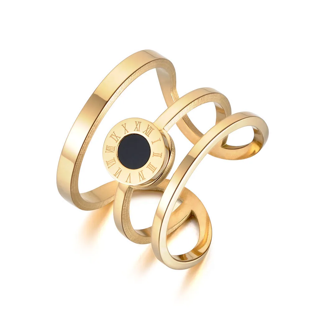 

JeeMango Classic Gold Color Roman Numbers Rings Jewelry 316L Stainless Steel Three Circles Open Ring For Women Anillo R18025