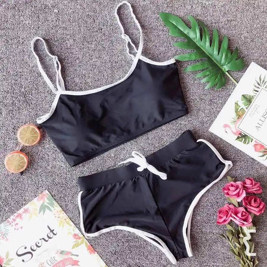

New Spagetti Strap Sporty Two Piece Swimsuit Women Retro Bikini Set With Shorts Vintage Push Up Swimwear Swimming Bathing Suits