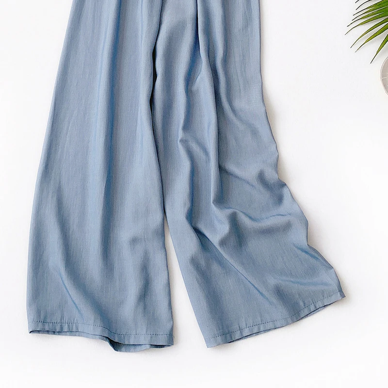 

2019 new women's wide-leg pants elastic waist waist pants solid color silk imitation denim casual loose pants 858