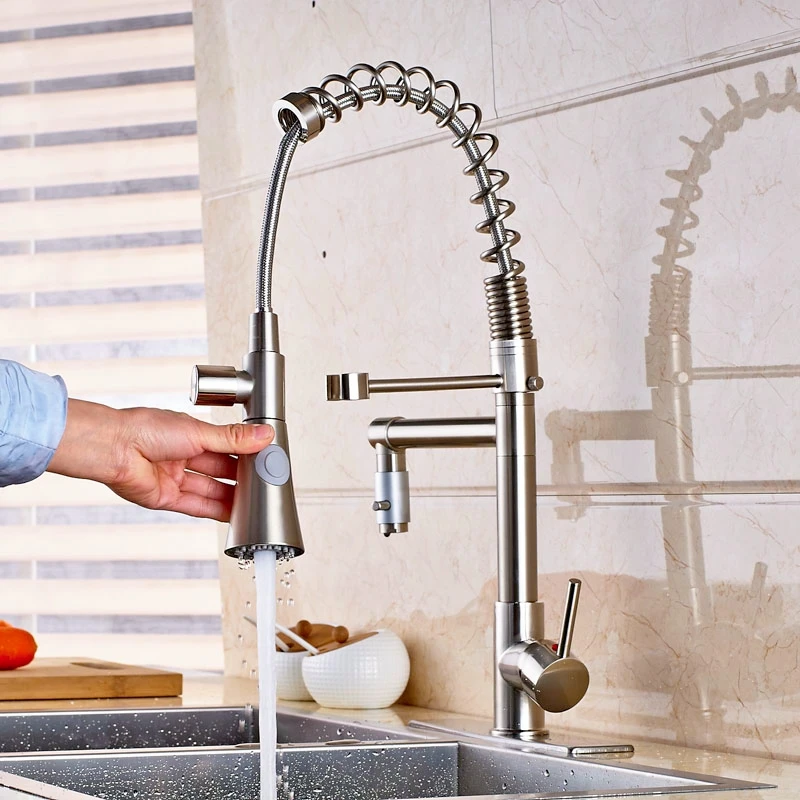 

Newly Nickel Brushed Kitchen Sink Faucet Spring Sprayer One Hole Mixer Faucet With 8" Plate