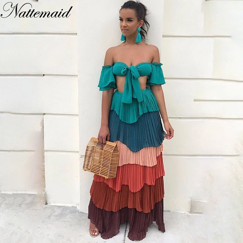 

NATTEMAID 2018 Summer 2 Piece Set Women Crop Top And Long Skirt Set Sexy Party Casual Two Piece Set Strapless Slash Neck Set