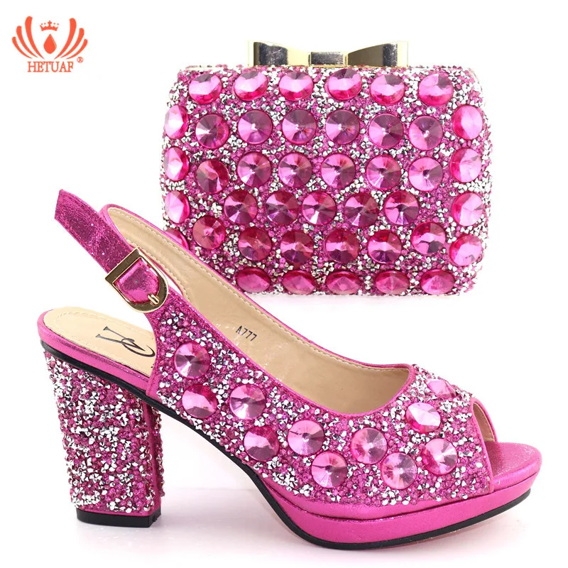 

2019 New Fuchsia Color Women Pumps match Handbag with Big Crystal Decorate African High Heel Shoes And Bag set for Party Dress