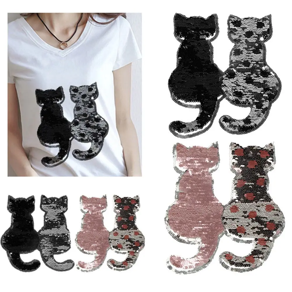 

20x18cm Cute Cat Reversible Change Color Sequins Sew on Patches for Clothes DIY Shining Embroidery Applique Bag Clothing Craft
