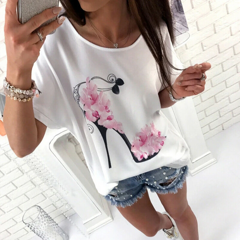 S-3XL 2019 Women Plus Size T-Shirt Summer Casual Loose Floral High-heeled Shoes Print Tee Tops Bat Short Sleeve Tops Lady Shirts