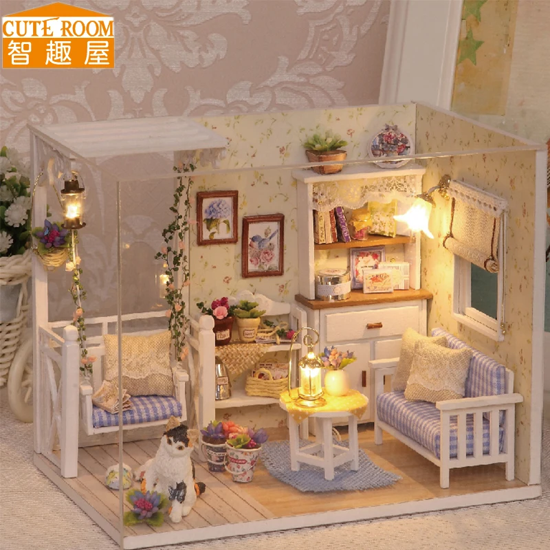 Сборный DIY Кукольный дом, игрушка, деревянный Миниатюрный Кукольный домик, миниатюрный кукольный домик, игрушки с мебели, светодиодный светильник, подарок на день рождения, H13