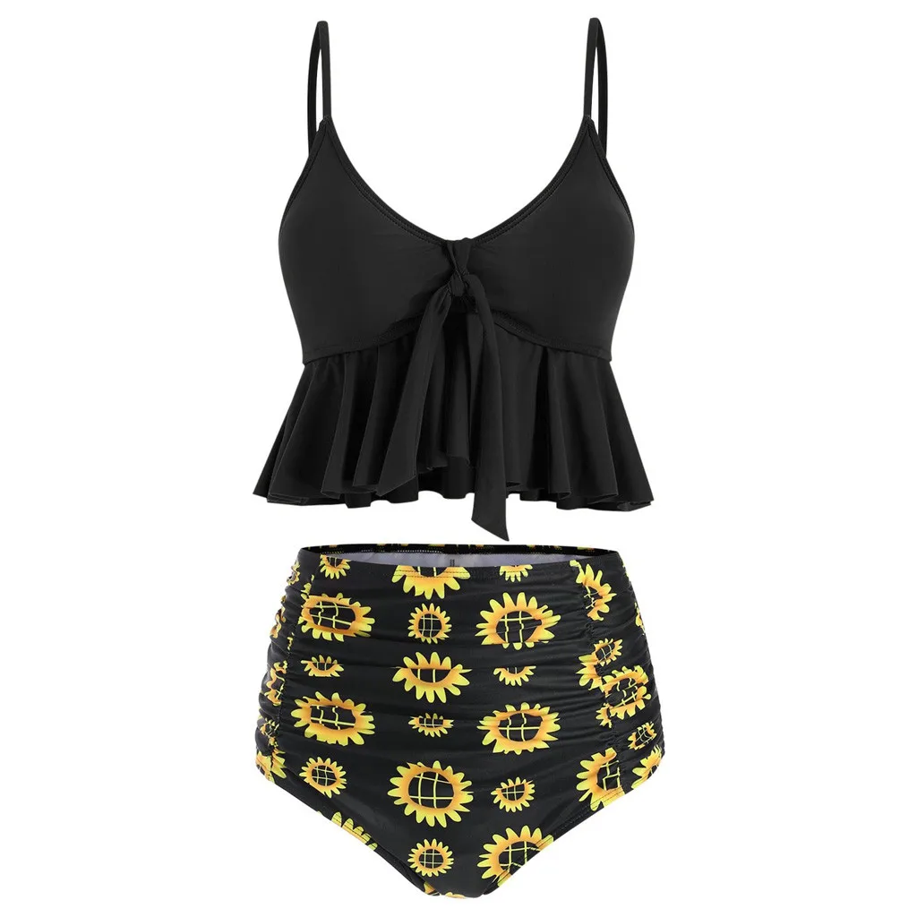 

womens bikini swimwear Two Pieces Bathing Suits sunflower printed Top Ruffled With High Waisted Bottom push up sexy Bikini Set