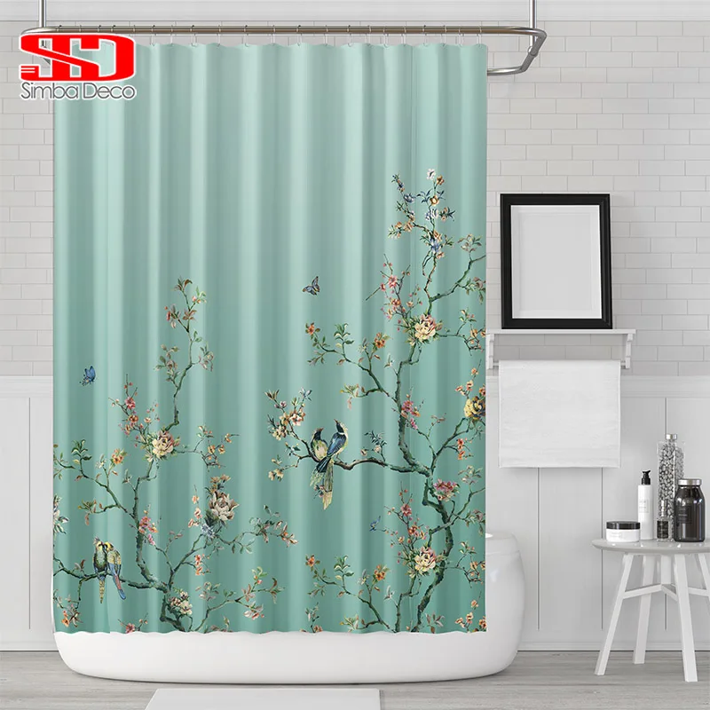 

3D Flower Birds Shower Curtains for Bathroom Gradient Green Printed Chinese Style Floral Waterproof Mildewproof Decorative Bath