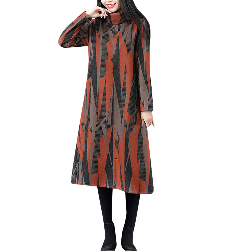 

JAYCOSIN Womens Winter Warm Paisley A-Line Turtleneck Long Sleeve Printed Maxi Dress Kaftan Mid-Calf Dress Cotton Green z1109