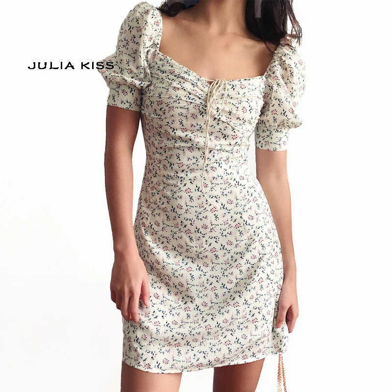 

Women Tie Neck Floral Print Floral Mini Dress With Puff Sleeve