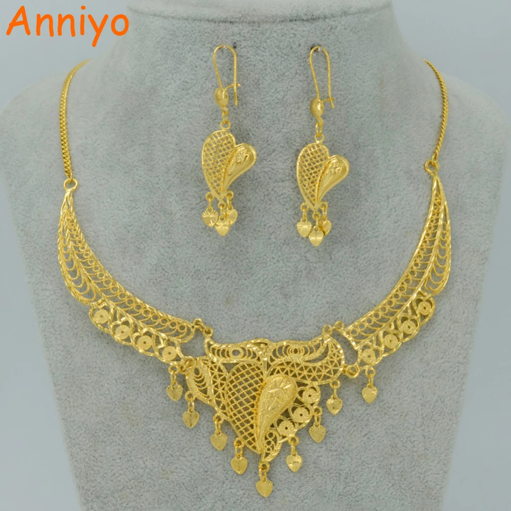 Anniyo Dubai Jewelry sets Necklace Earrings Gold Color Arab Wedding