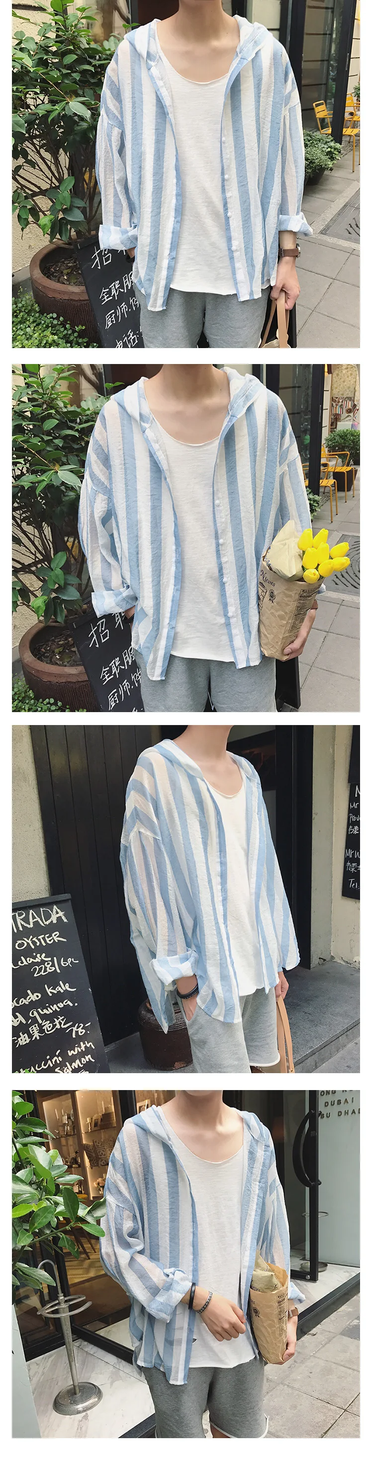 Summer Casual Streetwear Long Sleeve Fashion Korean Style Striped Hooded Mens Shirt