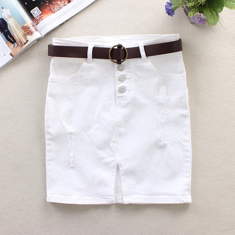 

2019 Summer White Jeans Skirts Womens Split Ends Hole Straight Skirts 100% Cotton Buttons High Waist Above Knee Denim Skirts 676