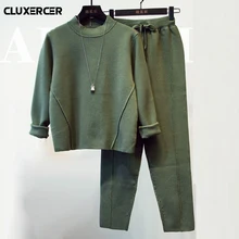 HIGH QUALITY KNITTING TWO PIECE SET 2018 New Designer Runway Suit Set Women's Long Sleeve Brief Sweatshirt Casual Pants Suit Set