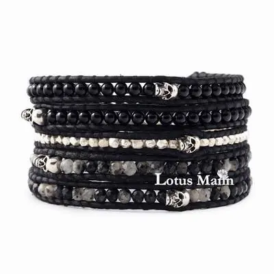 

Lotus mann Orbicular Granite Mix and Skull Wrap Bracelet on Natural Black Leather