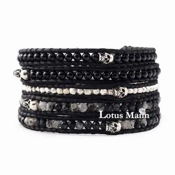 

Lotus mann Orbicular Granite Mix and Skull Wrap Bracelet on Natural Black Leather