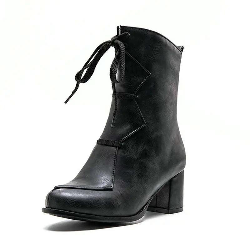 

B2-7 Size 33-48 Female PU Leather Ankle Boots Ladies Round Toes Vintage Boot Woman High Heels Shoes Women Autumn Plus Size Shoe