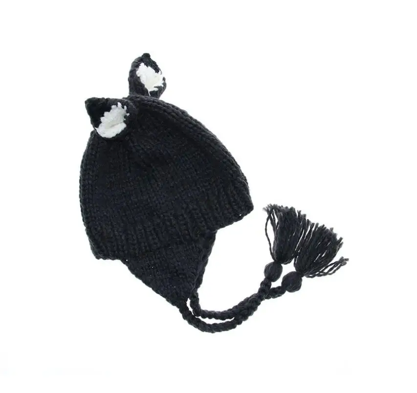 Детская зимняя шапочка с кошачьими ушками, вязаная шапка-бомбер, зимняя уличная теплая шапка с ушками, плоская шапочка для девочки, шапка, Прямая поставка - Цвет: Темно-серый