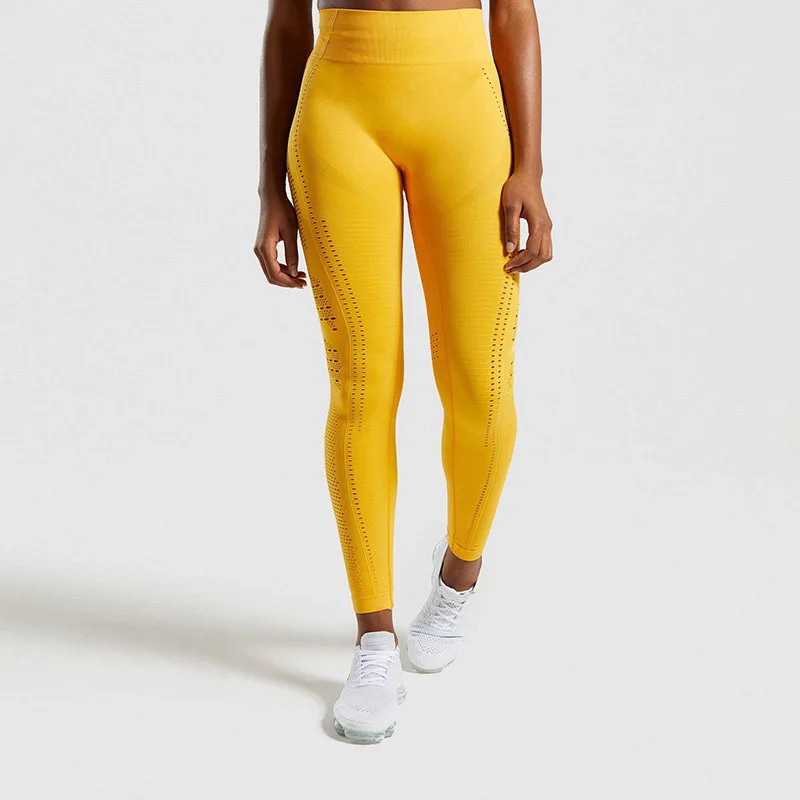 Yellow CHRLEISURE, женские бесшовные леггинсы, спортивные женские штаны для спортзала, высокая талия, леггинсы для фитнеса, пуш-ап, с ушками, вязаные леггинсы для тренировок - Цвет: Yellow