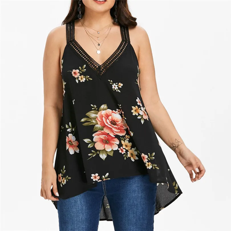 

KWAN_Vogue Floral Print T-Shirt Sleeveless tank top women O-Neck Backless tankini plus Size womens tshirt casual tankini women2#