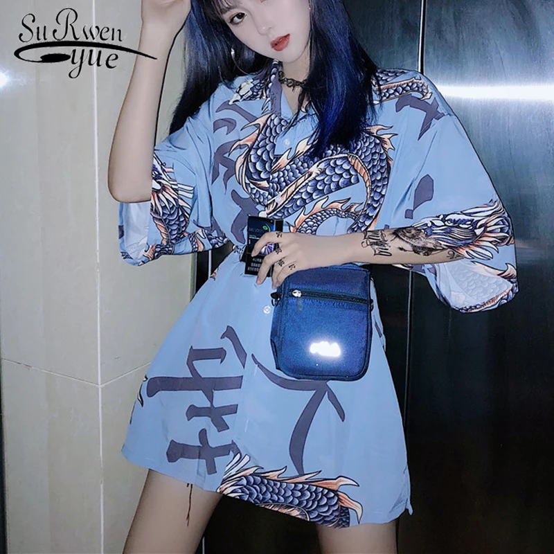 

Harajuku Blusas Top Digital Dragon Printed Blouse Summer Short Sleeve Casual Shirts Woman Man Streetwear women tops 4328 50