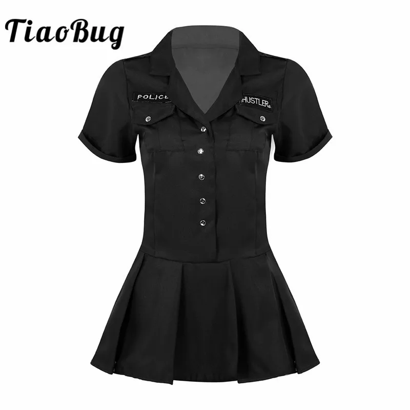 

TiaoBug Women Adult Police Cop Officer Roleplay Uniform Lapel Collar Short Sleeve Pleated Mini Fancy Dress Cosplay Sexy Costumes