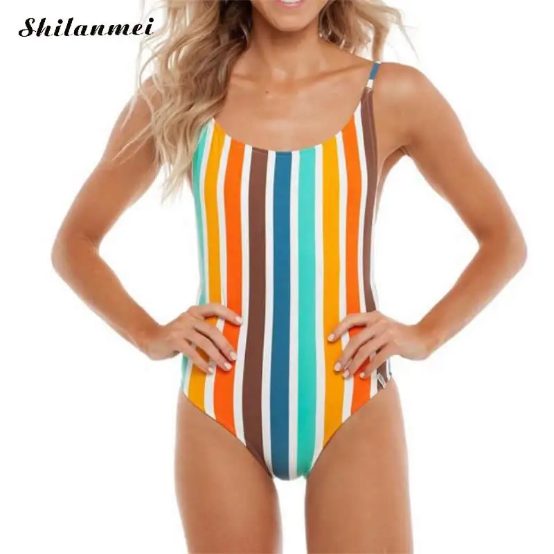 Strip Bathing Suit Swimming Slimming High Waist One Piece Swimsuit