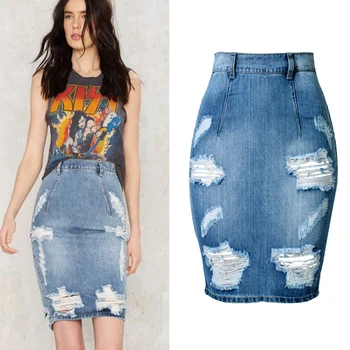 

2016 Summer Fashion Women High Waist Ripped Hole Package Hip Denim Skirt Sexy Back Split Midi Jeans Skirts