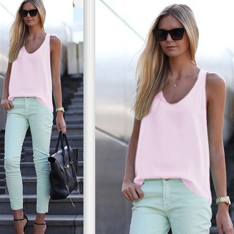 New Women's Solid Color Sleeveless V-neck Slim Summer Chiffon Blouse Blusas Mujer De Moda 2019 New Women's Solid Color Sleeveless V-neck Slim Summer Chiffon Blouse Blusas Mujer De Moda 2019