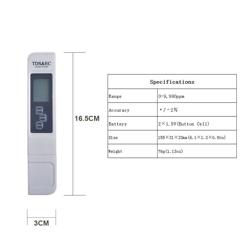 TDS EC Meter Temperature Tester Filter Pen 3 In1 Conductivity Water Quality Measurement TEMP TDS&EC Tester Meter 0-9990ppm 15% (5)