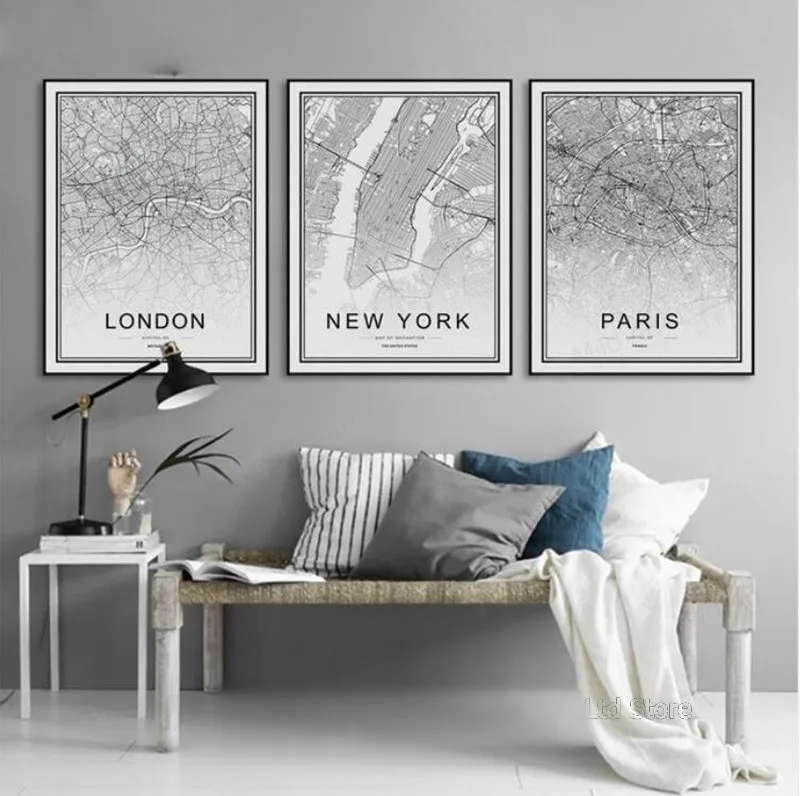 3 Panel unframed Nordic Poster Wall Art Canvas Painting Print World City Map Paris London New York Picture For living room Decor | Дом и сад