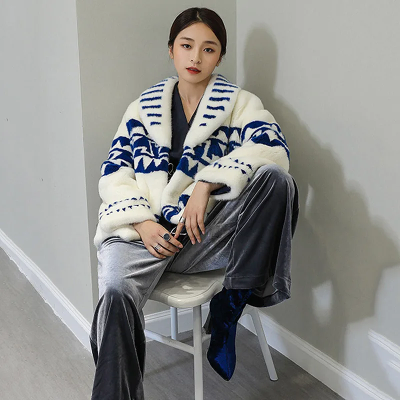  LVCHI Winter 2019 3D Print Mink Fur Coats Women's Turn-Down Collar Long Sleeve Patchwork Long Loss 