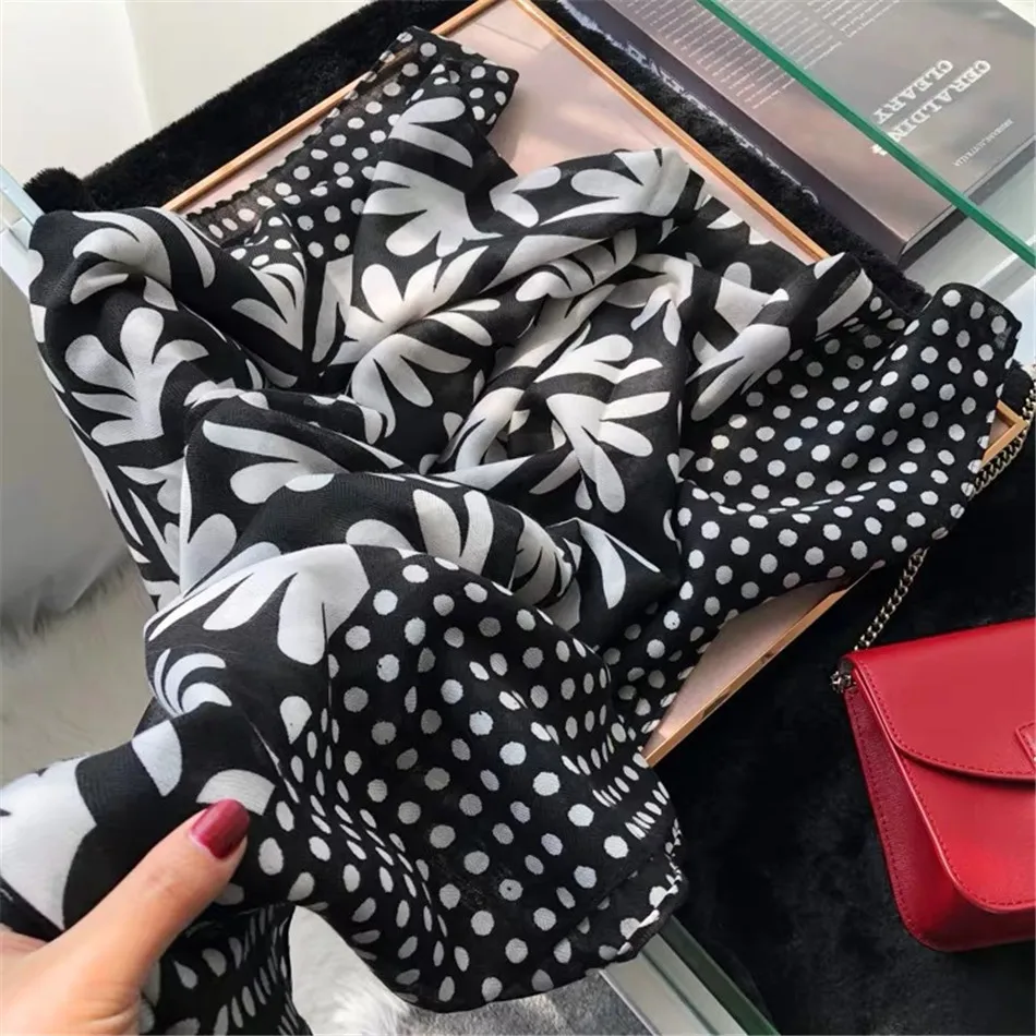 

90*180 Big Size Black White Floral Viscose Shawl Scarf From Japanese Ethnic Hijab Scarves Women High Quality Muslim Hijab Snood