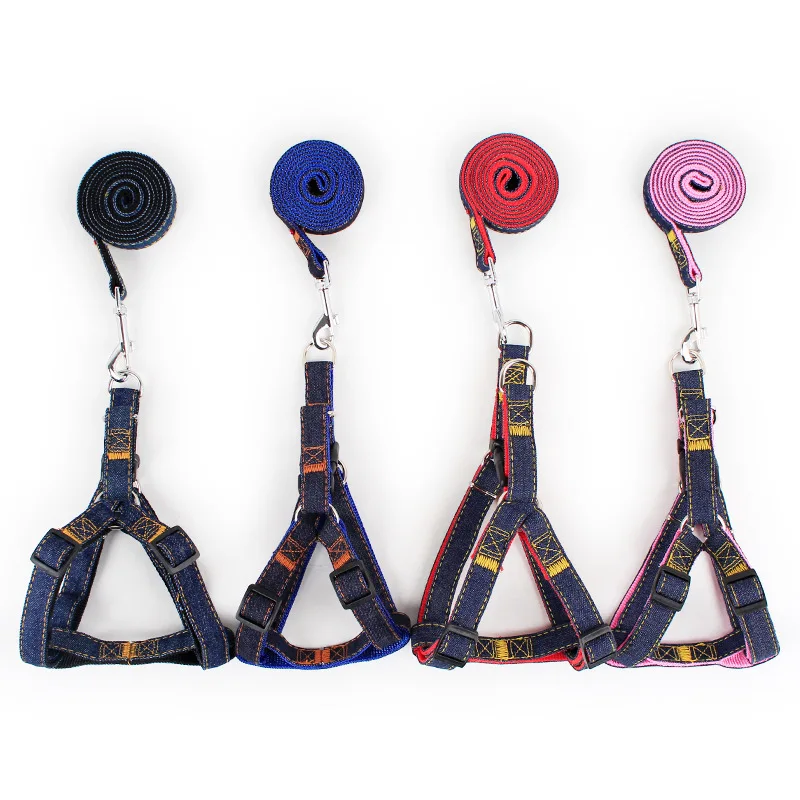 120cm Long Fashion Denim Nylon Small dog collar and leash set Puppy Dogs Harnesses Lead Set Rope Belt Adjustable Collar for Pets dog collar pet harness leash set pet harness set pet leash set