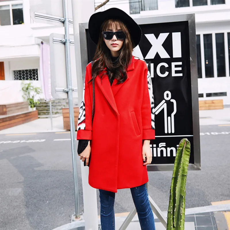 RUGOD 2018 Spring Autumn Fashion Women Flocking Trench Coat Femme Long Patchwork Letter Wool Coats Warm Woolen Outwear Overcoat